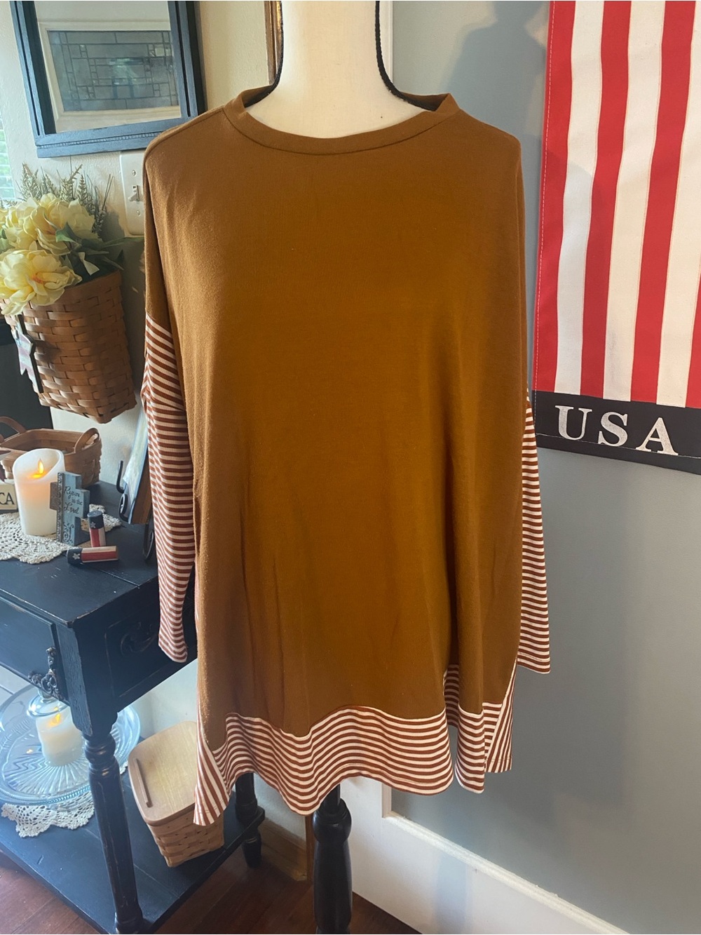 Doe & Rae Brown Tunic with Striped Hem and Sleeves